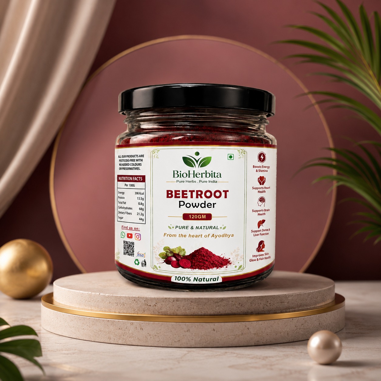 BioHerbita Beetroot Powder — 100% Pure & Natural, supports heart health and energy